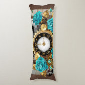 Coussins Longs Steampunk Clock and Turquoise Roses on Striped (Devant (Vertical))