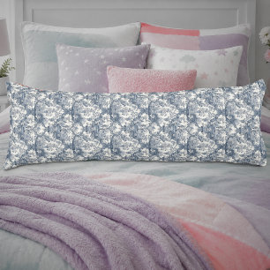 Coussins Longs Toile de Jouy florale damassée romantique bleue