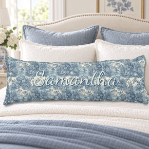 Coussins Longs Toile de Jouy vintage bleue Scène de lac florale