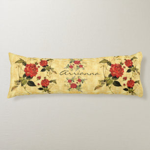 Coussins Longs Trésors du grenier - Roses rouges sur bandes jaune