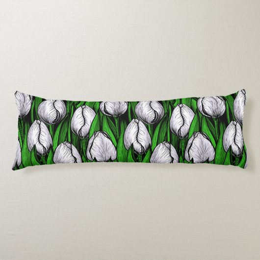Coussins Longs Tulières blanches avec feuilles verts (Devant)