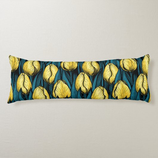 Coussins Longs Tulières jaunes avec feuilles bleus (Devant)