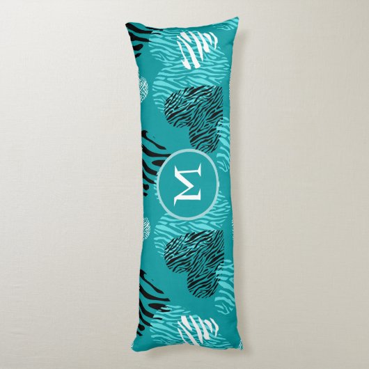 Coussins Longs Turquoise Blanc Zèbre Imprimer Coeurs Monogramme (Dos (Vertical))