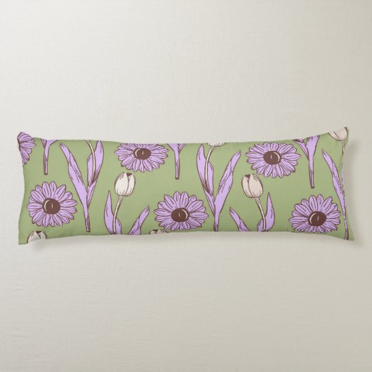 Coussins Longs Vert violet rétro Y2K Funky Hippie Flower Motif (Dos)