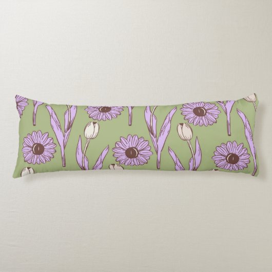 Coussins Longs Vert violet rétro Y2K Funky Hippie Flower Motif (Devant)