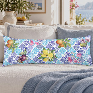 Coussins Longs Vibrant Bleu Jaune Sicilien Azulejo Citron Floral
