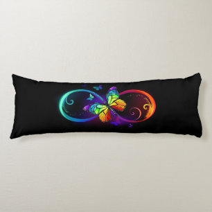 Coussins Longs Vibrant infinity with rainbow butterfly on black