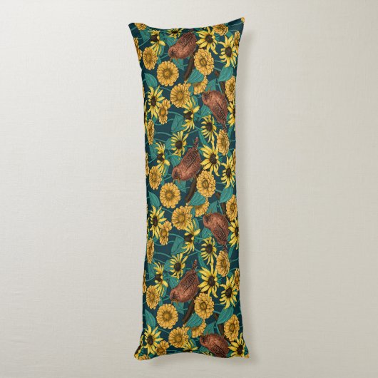 Coussins Longs Wens et fleurs sur bleu foncé (Dos (Vertical))