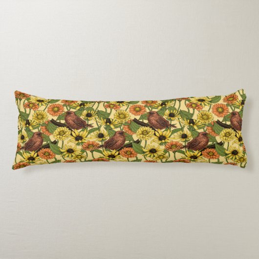 Coussins Longs Wens et fleurs sur jaune pâle (Devant)