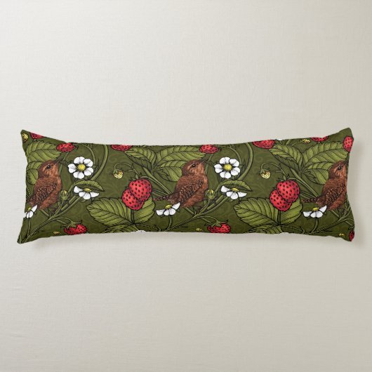 Coussins Longs Wens et fraises sur vert foncé (Devant)