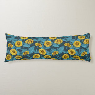 Coussins Longs Zinnias jaune sur bleu foncé
