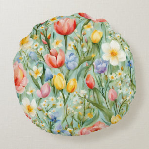 Coussins Ronds С champ floral coloré de printemps. Peinture