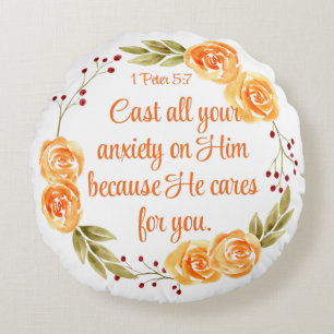 Coussins Ronds 1 Pierre 5:7 Écriture Biblique Florale Orange