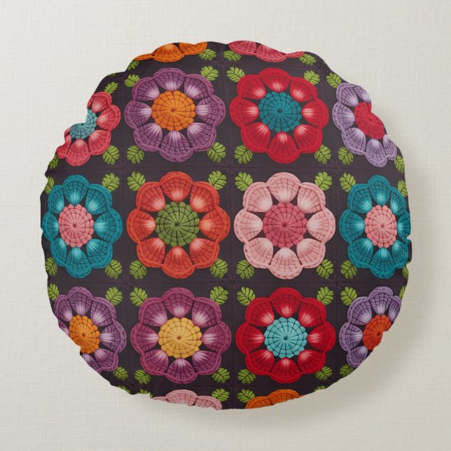Coussins Ronds  20 Daisy Floral Pattern Pouf - Black Decorative  (Devant)