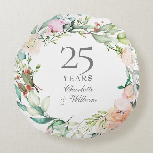 Coussins Ronds 25e anniversaire d'argent Rose aquarelle florale (Devant)