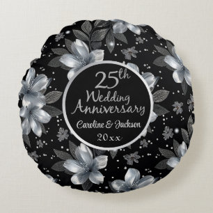 Coussins Ronds 25e Anniversaire de Mariage Floral Paillettes Arge
