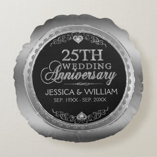 Coussins Ronds 25e anniversaire du Mariage noir et argent (Devant)