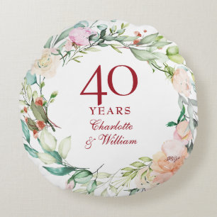 Coussins Ronds 40e anniversaire de mariage Rubis Élégant Floral