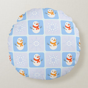 Coussins Ronds À damiers hiver bonhomme de neige motif et flocons