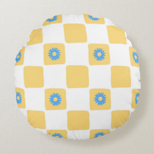 Coussins Ronds À damiers Jaune Blanc Avec Motif Fleur Bleu