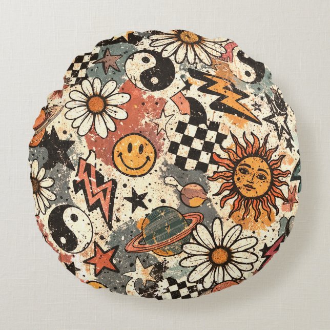 Coussins Ronds A fun retro 90s pattern featuring cheerful happy f (Devant)