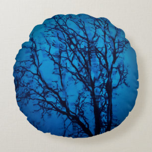 Coussins Ronds À Travers Le Verre, Arbre de pleurs Bleu Art Abstr