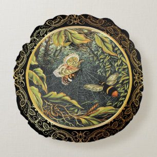 Coussins Ronds Abeille Vintage et papillon dans le Web de Spider