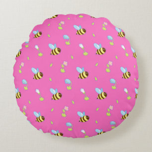 Coussins Ronds 🌸 Abeilles de Dessin Animé Style Floral Mignon et