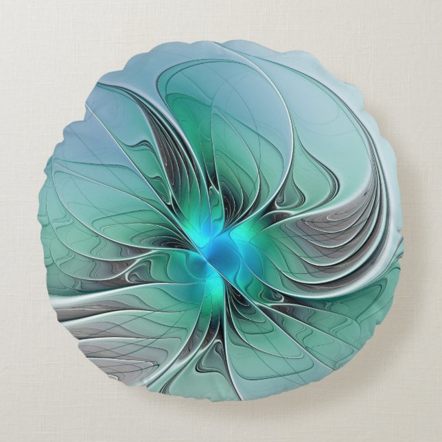 Coussins Ronds Abstrait De Bleu, Art Fractal Moderne (Devant)