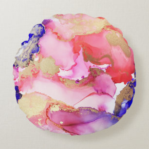 Coussins Ronds Abstrait Fluid Art violet rose or métal