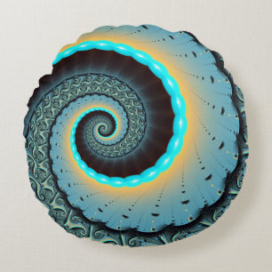 Coussins Ronds Abstraite spirale d'art fractal bleu turquoise ora