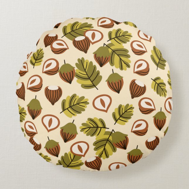 Coussins Ronds Acorns Feuilles de noisette Motif sans couture (Devant)