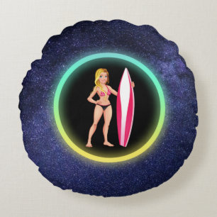 Coussins Ronds Adolescente Blonde Surfeuse Galaxie