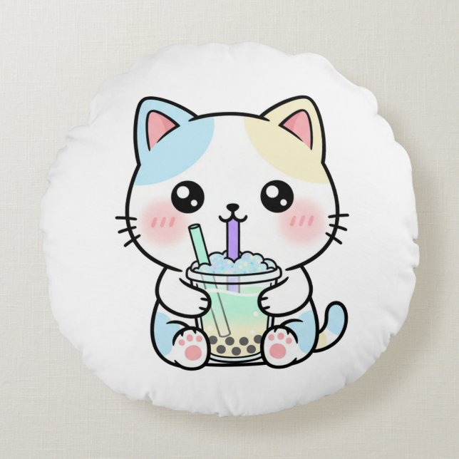 Coussins Ronds Adorable Cat with Drink – Throw Pillow (Devant)