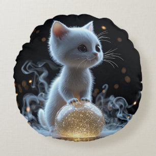 Coussins Ronds Adorable Chaton Blanc avec Lueur Mystique