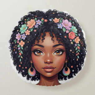 Coussins Ronds Adorable fille noire avec couronne de fleurs afro