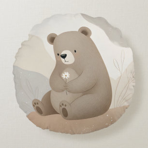 Coussins Ronds Adorable Ours Brun à la Marguerite - Aquarelle