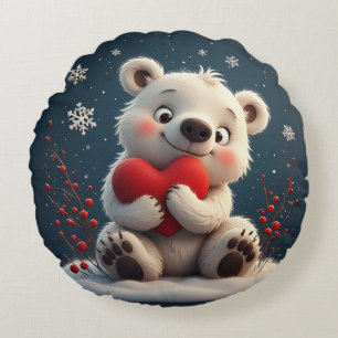 Coussins Ronds Adorable ourson polaire blanc tenant un cœur rouge