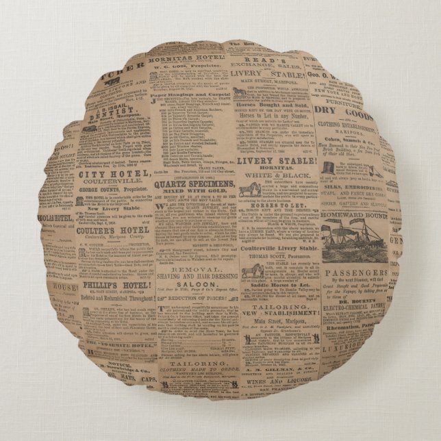 Coussins Ronds Ads of the Past, NY 1856 Round Pillow (Devant)