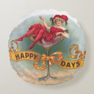 Coussins Ronds Affiche de femme vintage dans un verre à champagne