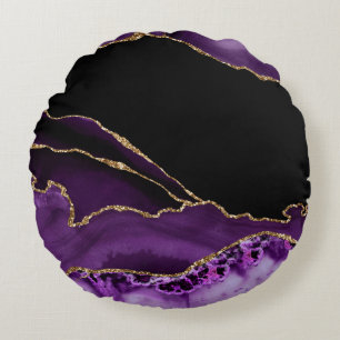 Coussins Ronds Agate de marbre noir violet doré doré noir
