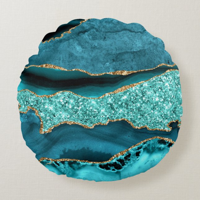 Coussins Ronds Agate Turquoise Blue Gold Parties scintillant Aqua (Devant)