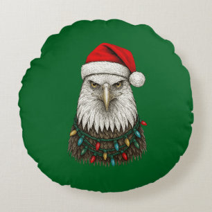 Coussins Ronds Aigle de Noël drôle avec chapeau de Père Noël et L