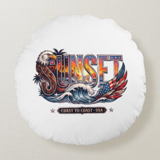 Coussins Ronds Aigle et drapeau américain vintage "SUNSET" Vague