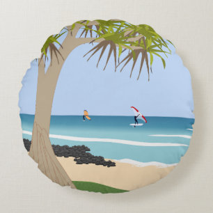 Coussins Ronds Aile surfeurs à huile Pandanus Tree à la plage