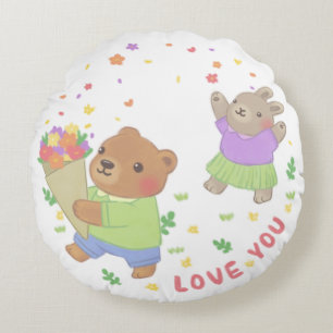 Coussins Ronds Aimez-vous : Ours et lapin en peluche avec fleurs