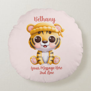 Coussins Ronds Ajouter du texte de nom, bébé tigre avec chapeau s