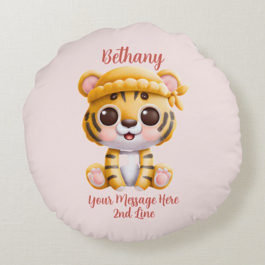 Coussins Ronds Ajouter un nom Texte, bébé tigre avec chapeau sur (Dos)