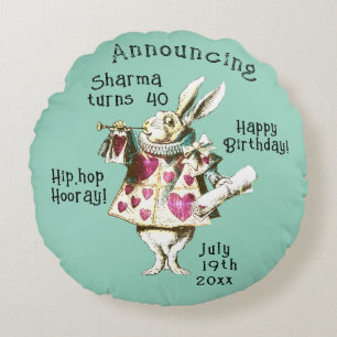 Coussins Ronds Alice et lapin blanc Joyeux Décret d'anniversaire