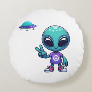 Coussins Ronds Alien de paix mignon et vaisseau spatial